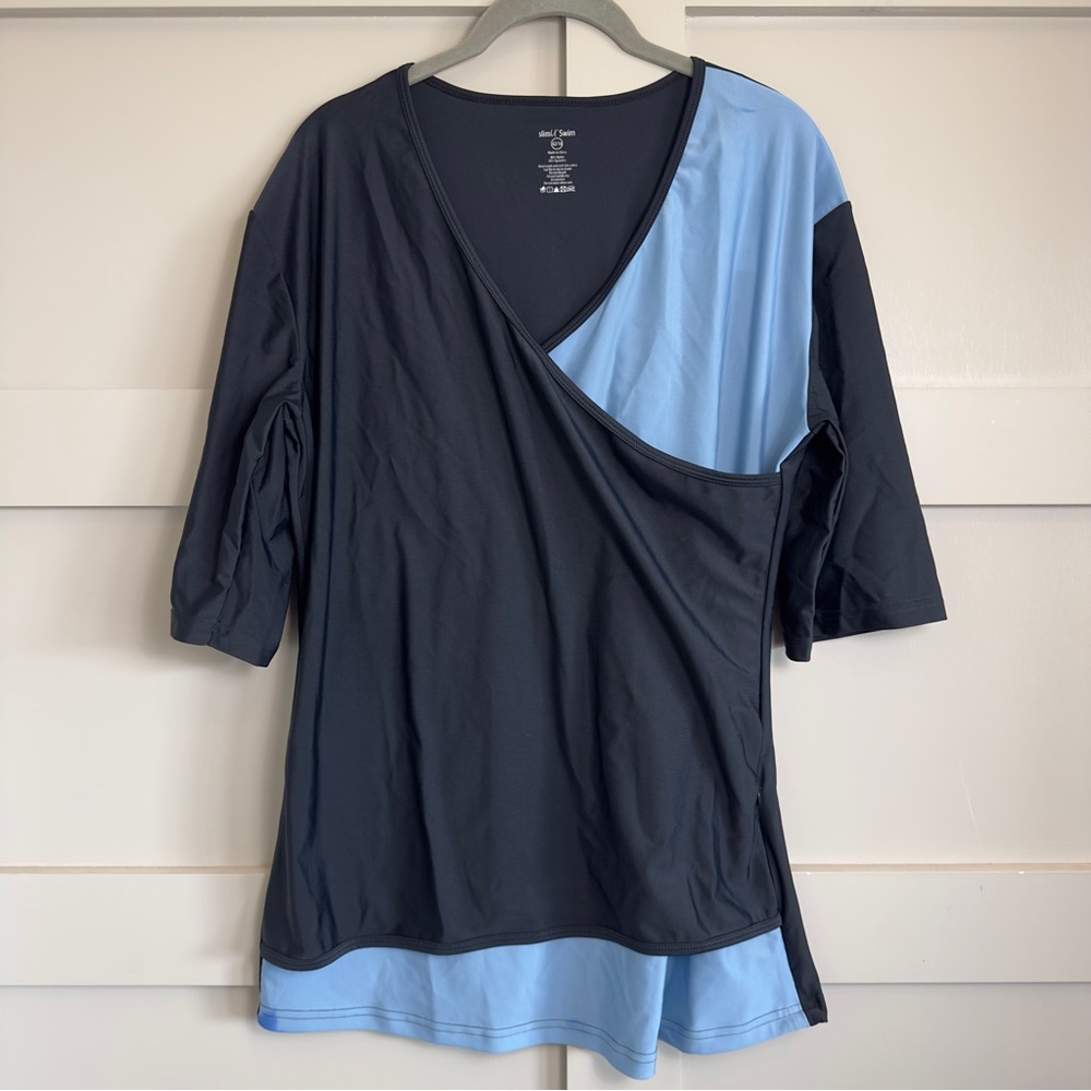 SlimU Swim Shirt Top VNeck Wrap Nursing Modest Slimming Black Blue Women's US 16